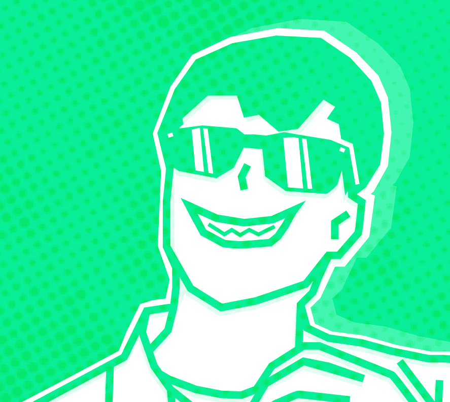 VANROBO character — stylized portrait with sunglasses and a wide grin